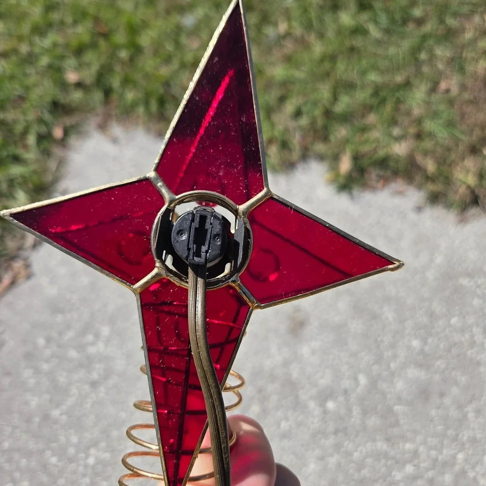 Vintage Tiffany Style‎ Stained Glass Christmas Tree Topper Lighted Red Gold
